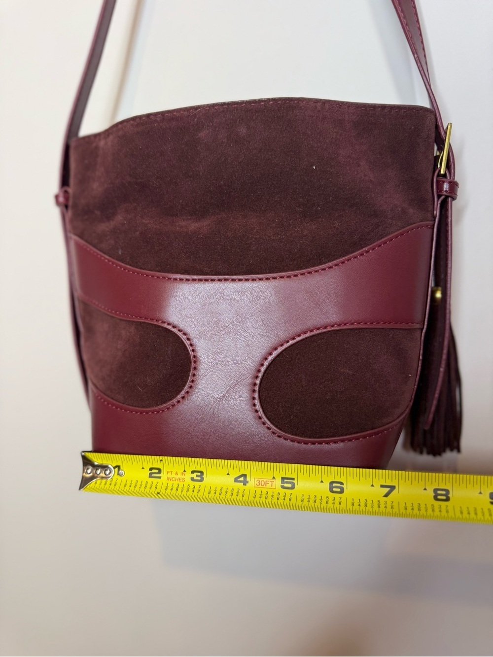 Women’s Burgundy Shoulder Bag - Sleek faux Suede & Leather Design - Picture 6 of 8
